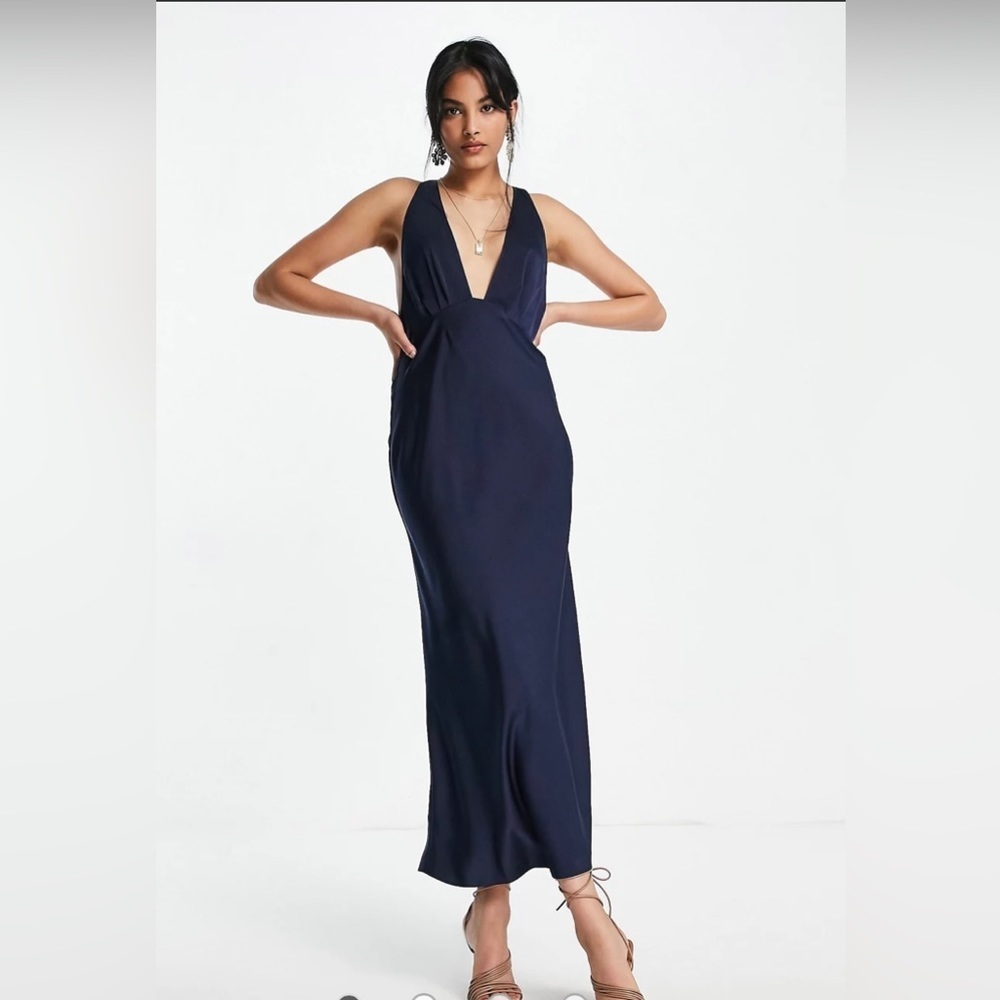 ASOS DESIGN bias cut plunge satin midi dress with racer  back , sz 4